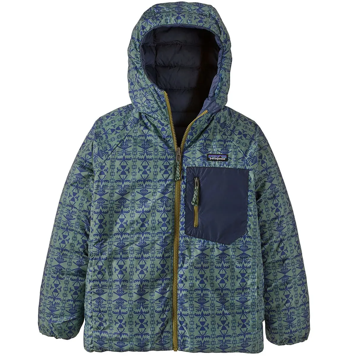 PATAGONIA K'S REVERSIBLE DOWN SWEATER HOODY TREELINE: NEW NAVY 23 â Image 3